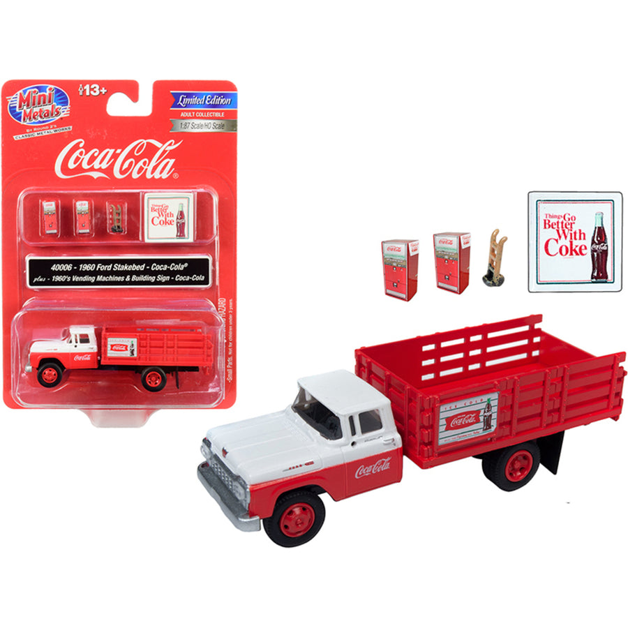 1960 Ford Stake Bed Truck Coca-cola Red And White With Two 1960s Vending Machines, Hand Truck And Building Sign Coca-cola 1/87 (ho) Scale Model By Classic Metal Works 40006