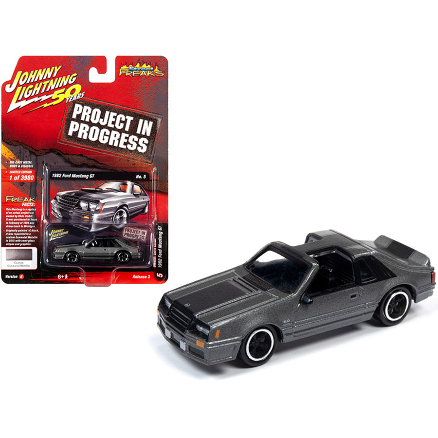 1982 Ford Mustang Gt Gunmetal Gray Metallic (owner: Chris Corbit) Project In Progress Johnny Lightning 50th Anniversary Limited Edition To 3,980 Pieces Worldwide 1/64 Diecast Model Ca Jlsf014-jlcp7261a