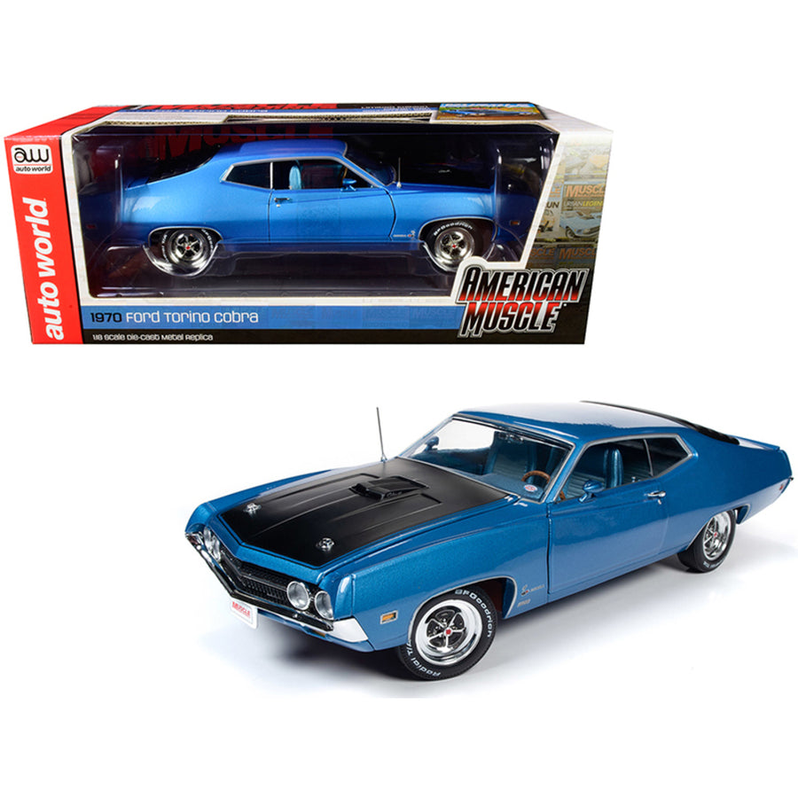 1970 Ford Torino Cobra Medium Blue Metallic With Black Hood Hemmings Muscle Machines Magazine Cover Car (september 2018) 1/18 Diecast Model Car By Autoworld Amm1189