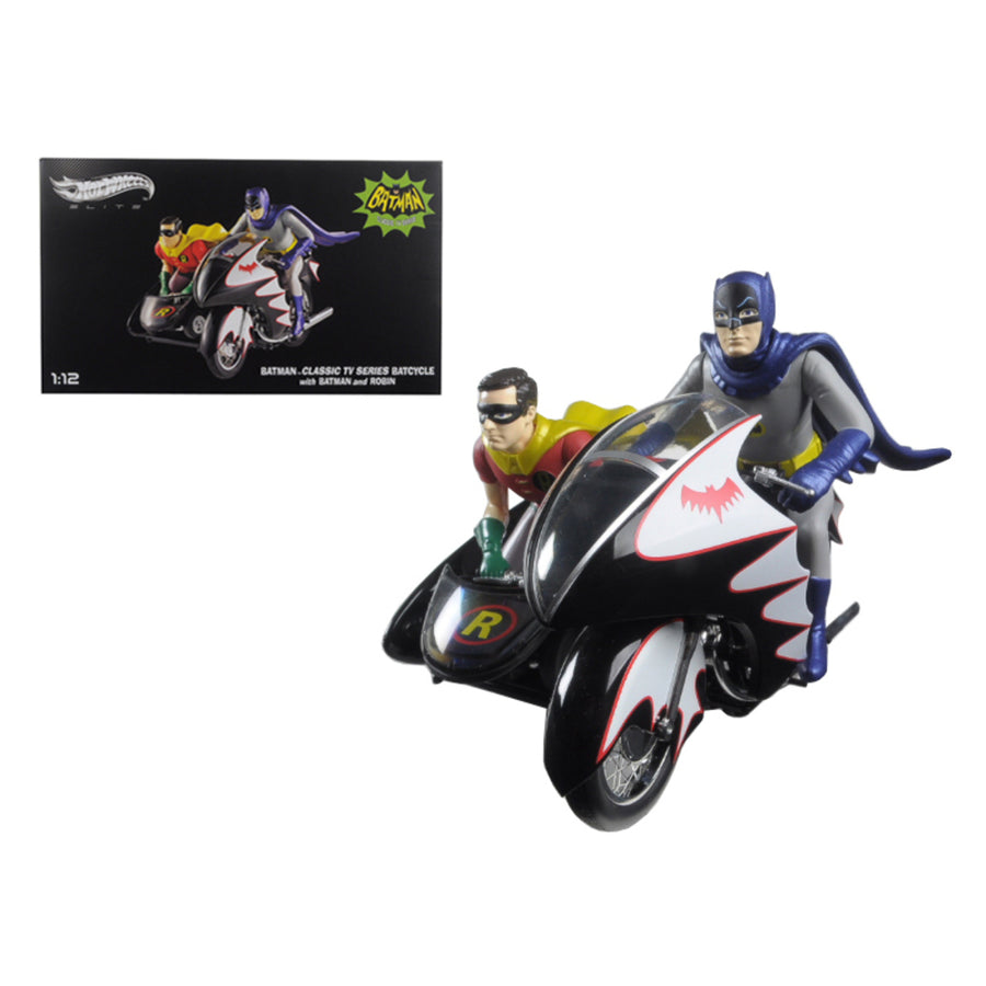 1966 Batcycle Elite Edition And Side Car With Batman And Robin Figures 1/12 Diecast Model By Hotwheels Cmc85