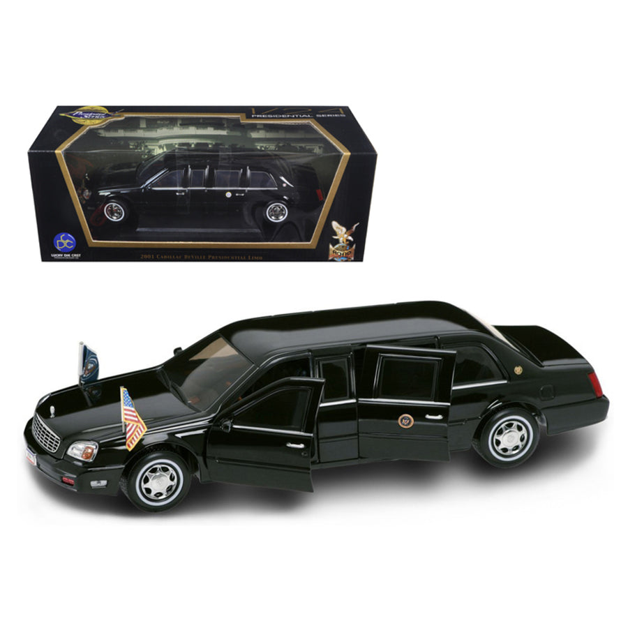 2001 Cadillac Deville Presidential Limousine Black With Flags 1/24 Diecast Car Model By Road Signature 24018
