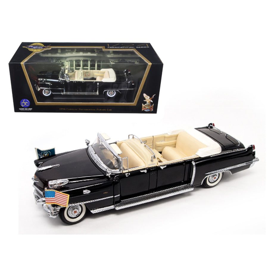 1956 Cadillac Series 62 Parade Limousine Black With Flags 1/24 Diecast Model Car By Road Signature 24038