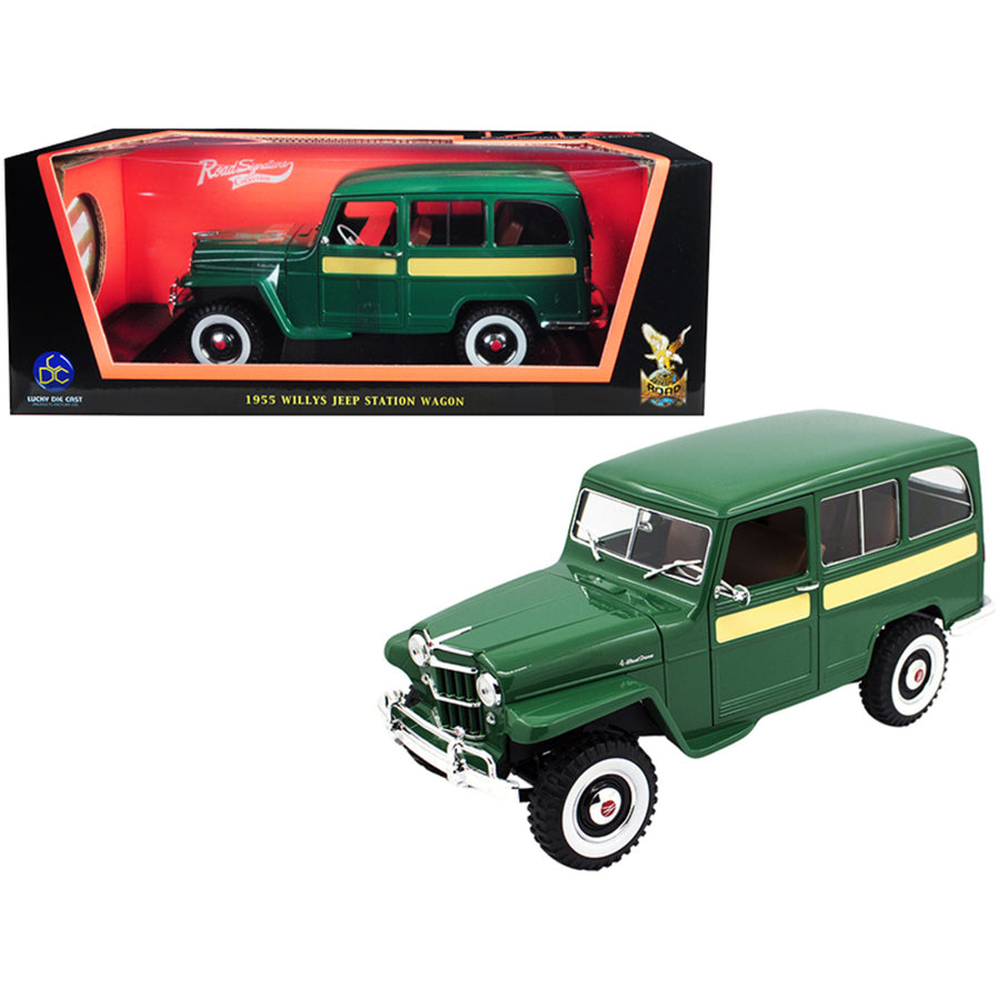 1955 Willys Jeep Station Wagon Green With Yellow Stripes 1/18 Diecast Model Car By Road Signature 92858grn