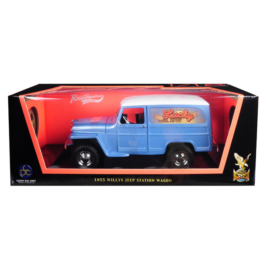 1955 Willys Jeep Station Wagon Silver Blue With White Top Lucky 1/18 Diecast Model Car By Road Signature 92858sil-bl