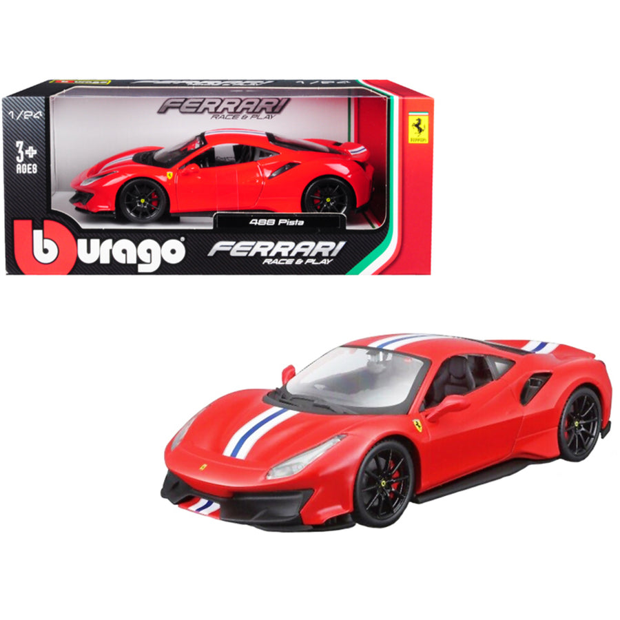 Ferrari 488 Pista Red With White And Blue Stripes 1/24 Diecast Model Car By Bburago 26026r