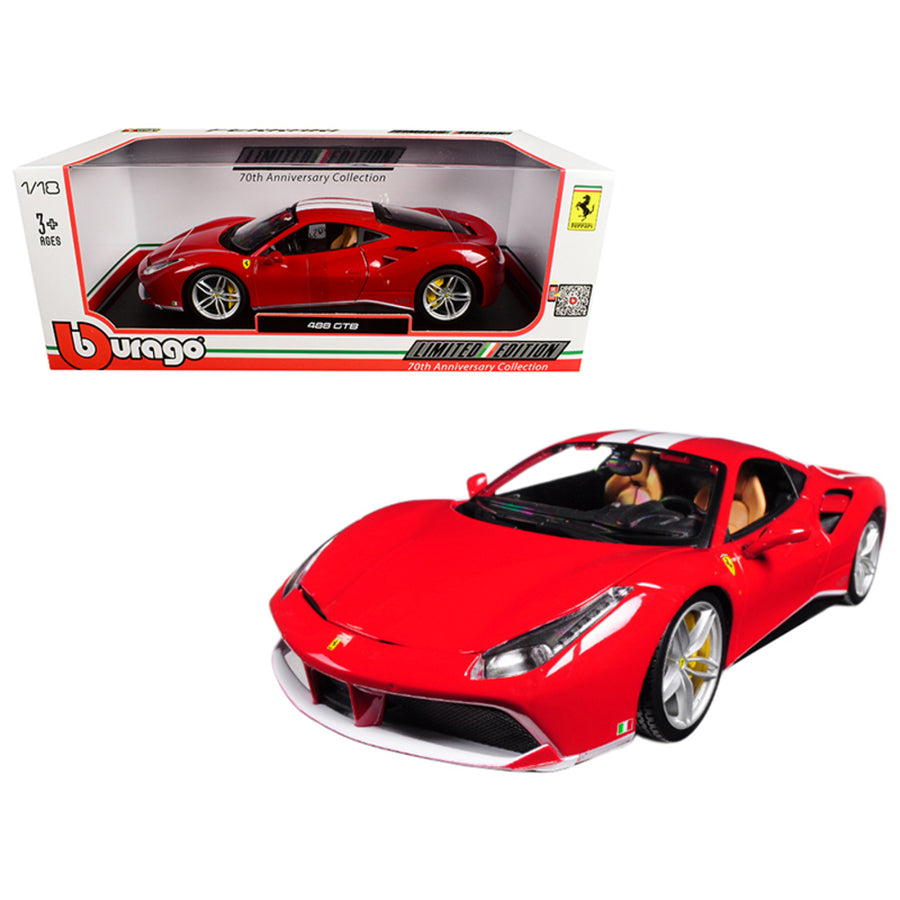 Ferrari 488 Gtb Red With White Stripes 70th Anniversary The Schumacher 1/18 Diecast Model Car By Bburago 76102