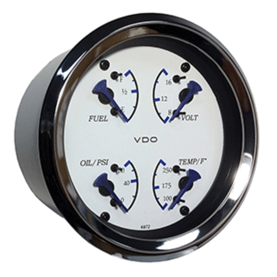 Vdo Allentare 4 In 1 Gauge - 85mm - White Dial/blue Pointer - Oil Pressure, Water Temp, Fuel Level, Voltmeter - Chrome Bezel