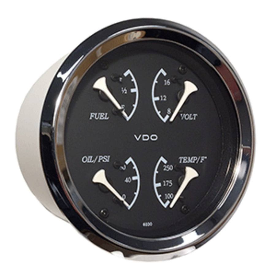 Vdo Allentare 4 In 1 Gauge - 85mm - Black Dial/white Pointer - Oil Pressure, Water Temp, Fuel Level, Voltmeter - Chrome Bezel