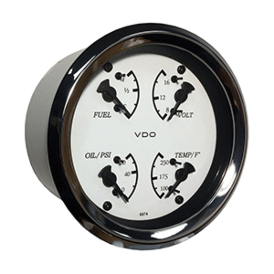 Vdo Allentare 4 In 1 Gauge - 85mm - White Dial/black Pointer - Oil Pressure, Water Temp, Fuel Level, Voltmeter - Chrome Bezel