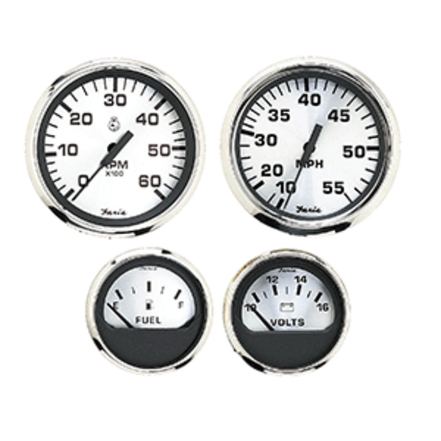 Faria Spun Silver Box Set Of 4 Gauges F/outboard Engines - Speedometer, Tach, Voltmeter & Fuel Level