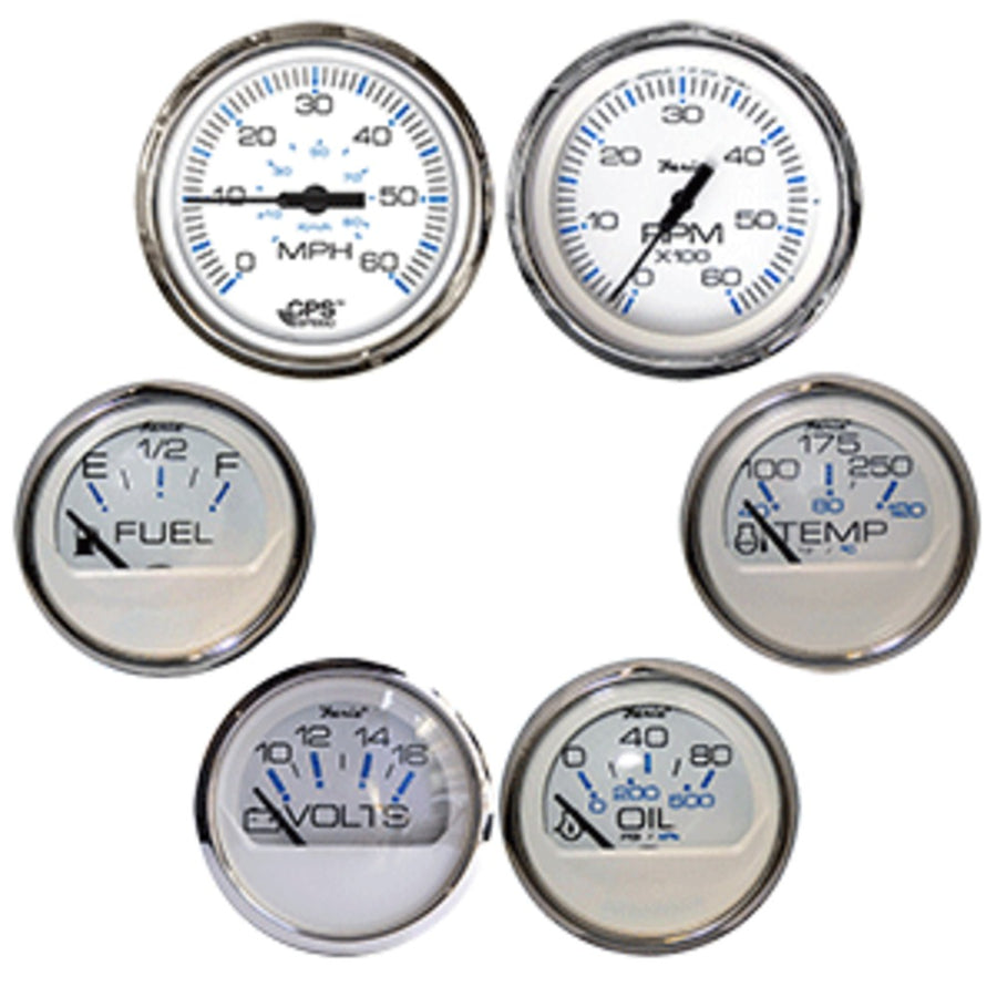 Faria Chesapeake White W/stainless Steel Bezel Boxed Set Of 6 - Speed, Tach, Fuel Level, Voltmeter, Water Temperature & Oil Psi