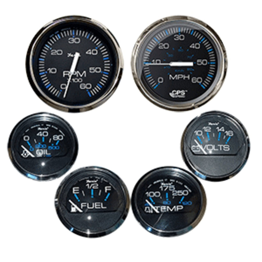 Faria Box Set Of 6 Gauges - Speed, Tach, Fuel Level, Voltmeter, Water, Temp & Oil Psi - Chesapeake Black W/stainless Steel Bezel