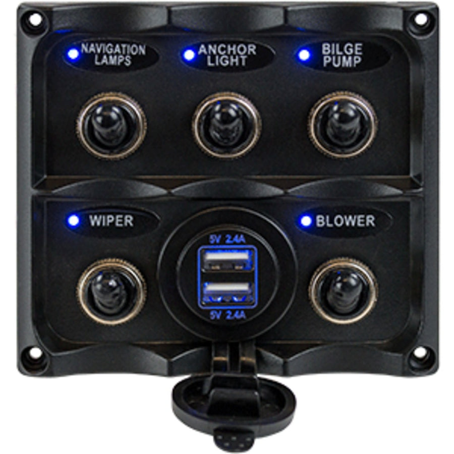 Sea-dog Water Resistant Toggle Switch Panel W/usb Power Socket - 5 Toggle