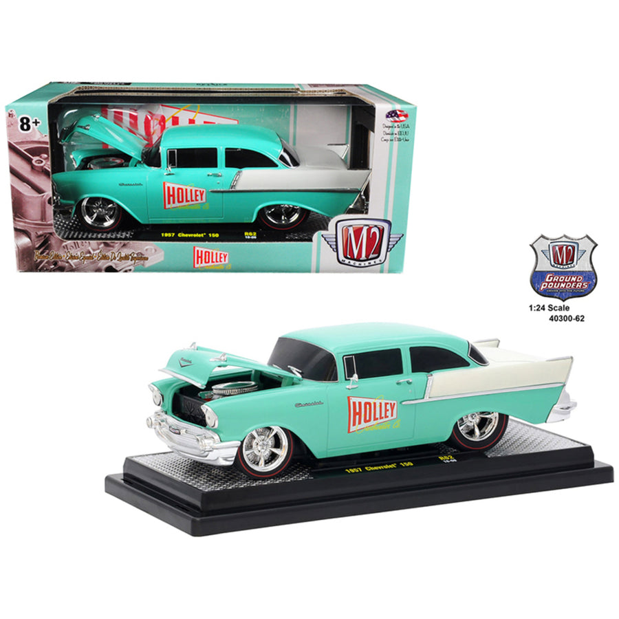 1957 Chevrolet 150 Holley Sea Foam Green And India Ivory 1/24 Diecast Model Car By M2 Machines 40300-62b