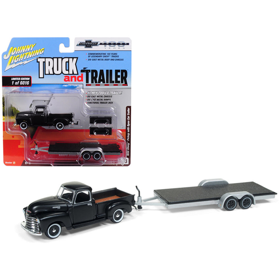 1950 Chevrolet Pickup Truck Matte Black With Open Car Trailer Limited Edition To 6,016 Pieces Worldwide Truck And Trailer Series 2 Chevrolet Trucks 100th Anniversary 1/64 Diecast Mode Jlsp021