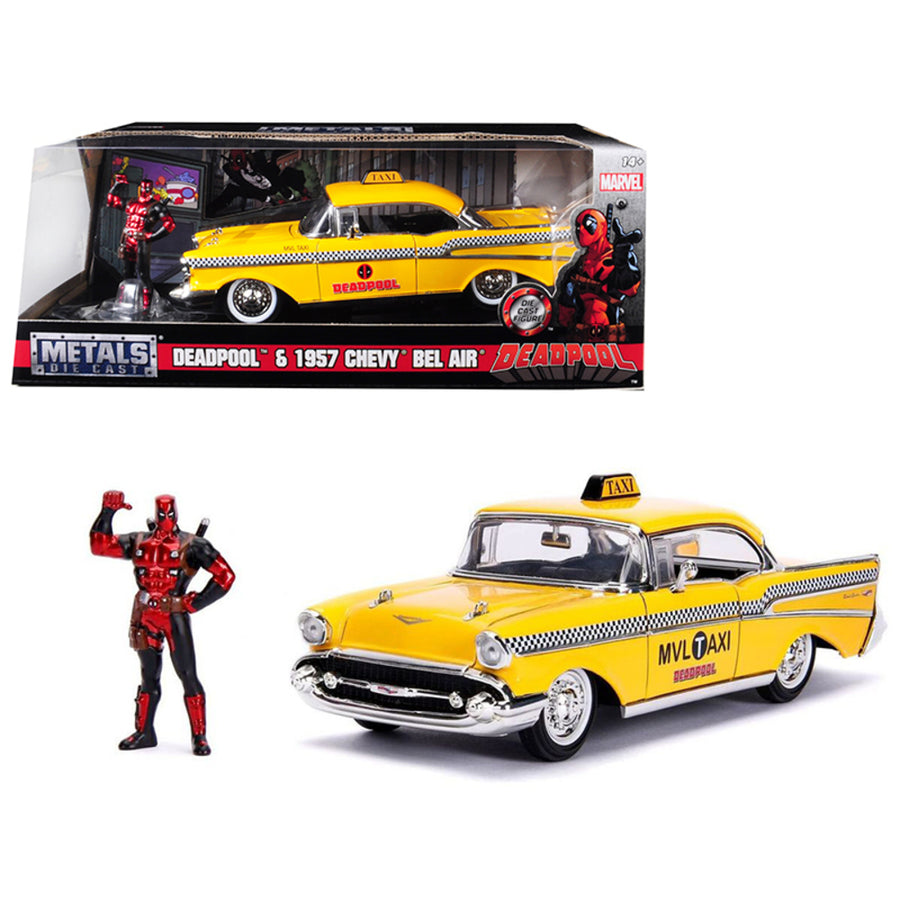 1957 Chevrolet Bel Air Taxi Yellow With Deadpool Diecast Figure Marvel Series 1/24 Diecast Model Car By Jada 30290