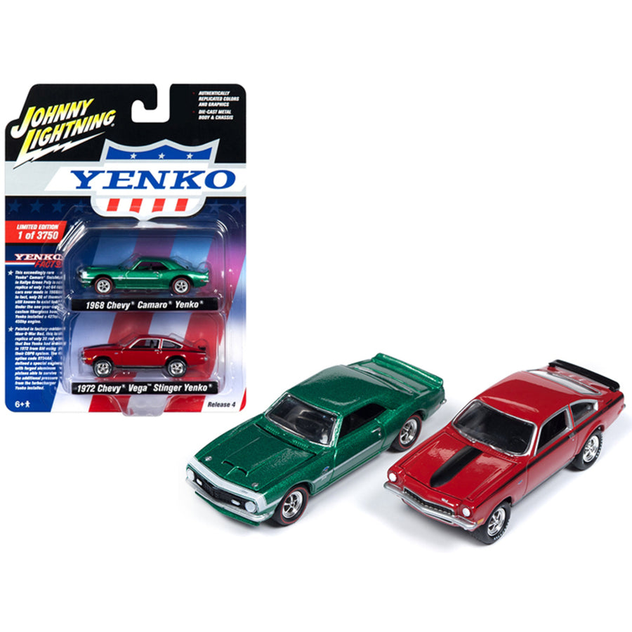 1968 Chevrolet Camaro Yenko Metallic Green And 1972 Chevrolet Vega Stinger Yenko Red 2 Piece Set Limited Edition To 3,750 Pieces Worldwide 1/64 Diecast Model Cars By Johnny Lightning Jlpk005-yenko
