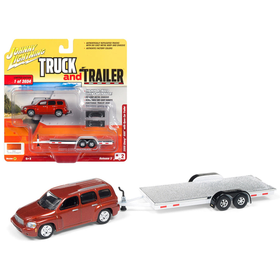 2006 Chevrolet Hhr Daytona Metallic Orange With Chrome Open Car Trailer Limited Edition To 3,604 Pieces Worldwide Truck And Trailer Series 3 1/64 Diecast Model Car By Johnny Lightning Jlbt008-jlsp035b