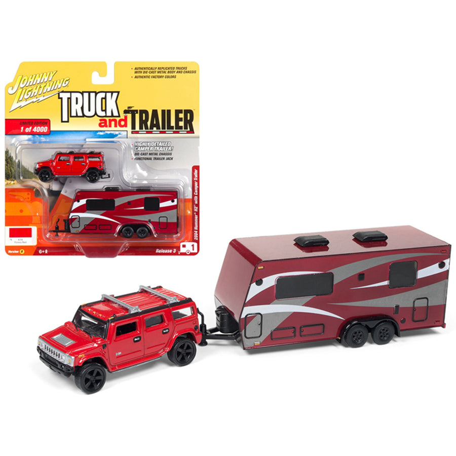 2004 Hummer H2 Red With Dark Red Camper Trailer Limited Edition To 4,000 Pieces Worldwide Truck And Trailer Series 3 1/64 Diecast Model Car By Johnny Lightning Jlbt008/jlsp037b