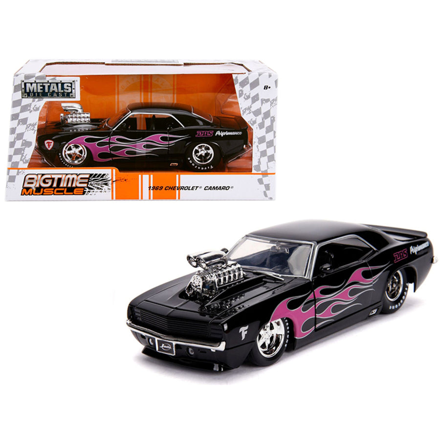 1969 Chevrolet Camaro With Blower Black And Pink Flames Bigtime Muscle Series 1/24 Diecast Model Car By Jada 30707