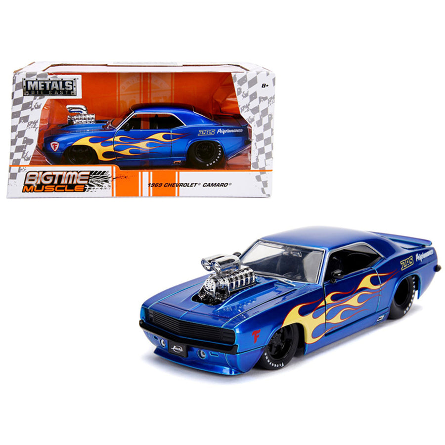 1969 Chevrolet Camaro With Blower Candy Blue And Yellow Flames Bigtime Muscle Series 1/24 Diecast Model Car By Jada 30708