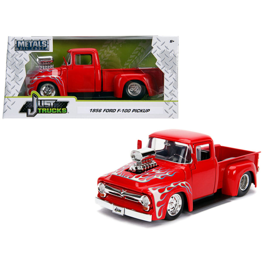 1956 Ford F-100 Pickup Truck With Blower Glossy Red With Flames Just Trucks Series 1/24 Diecast Model Car By Jada 30715