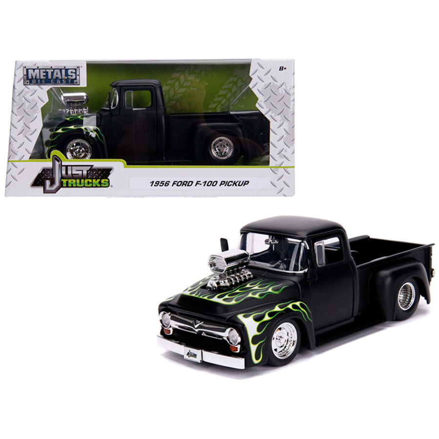 1956 Ford F-100 Pickup Truck With Blower Matt Black With Flames Just Trucks Series 1/24 Diecast Model Car By Jada 30716
