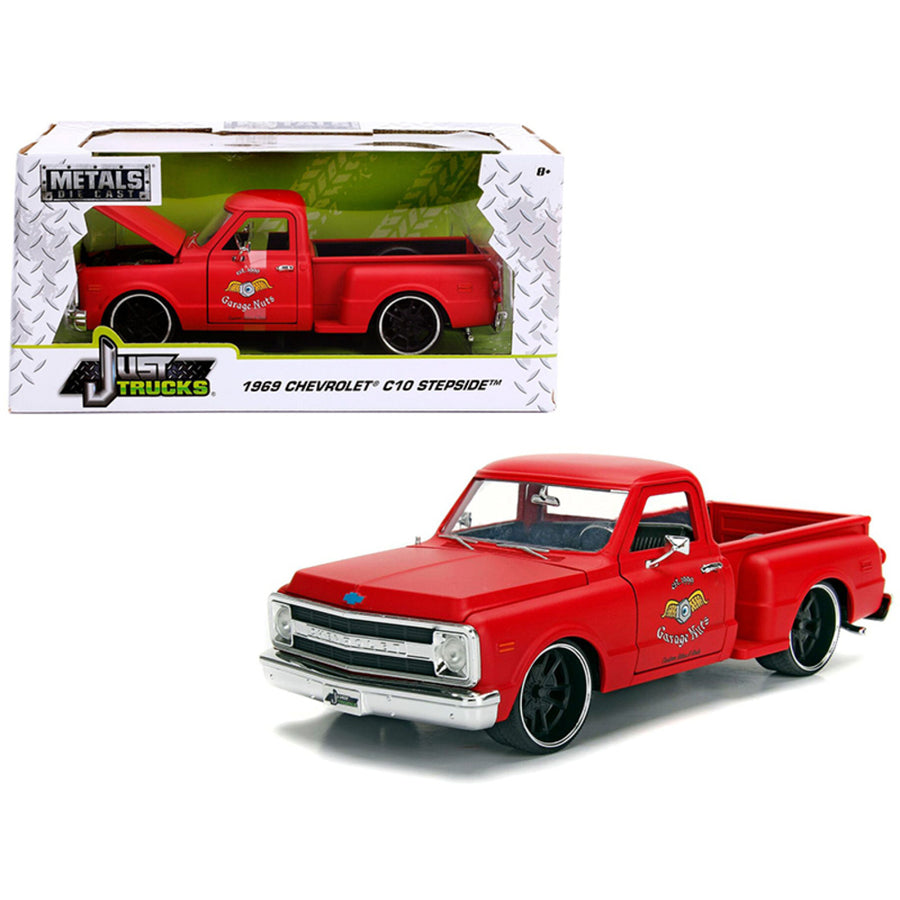 1969 Chevrolet C10 Stepside Pickup Truck Matt Red Garage Nuts Just Trucks Series 1/24 Diecast Model Car By Jada 99322