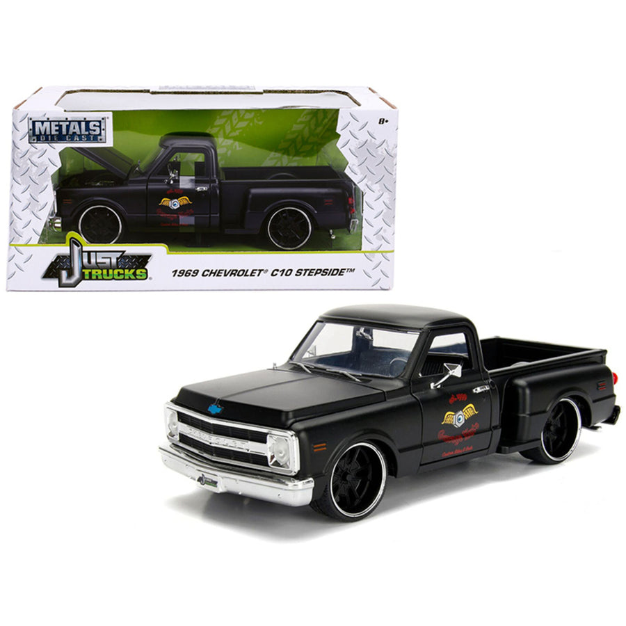 1969 Chevrolet C10 Stepside Pickup Truck Matt Black Garage Nuts Just Trucks Series 1/24 Diecast Model Car By Jada 99397
