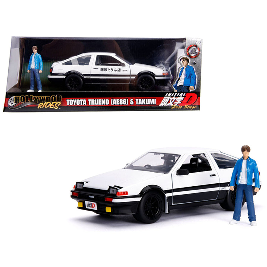 Toyota Trueno (ae86) With Takumi Diecast Figure Initial D First Stage (1998) Tv Series Hollywood Rides Series 1/24 Diecast Model Car By Jada 99733