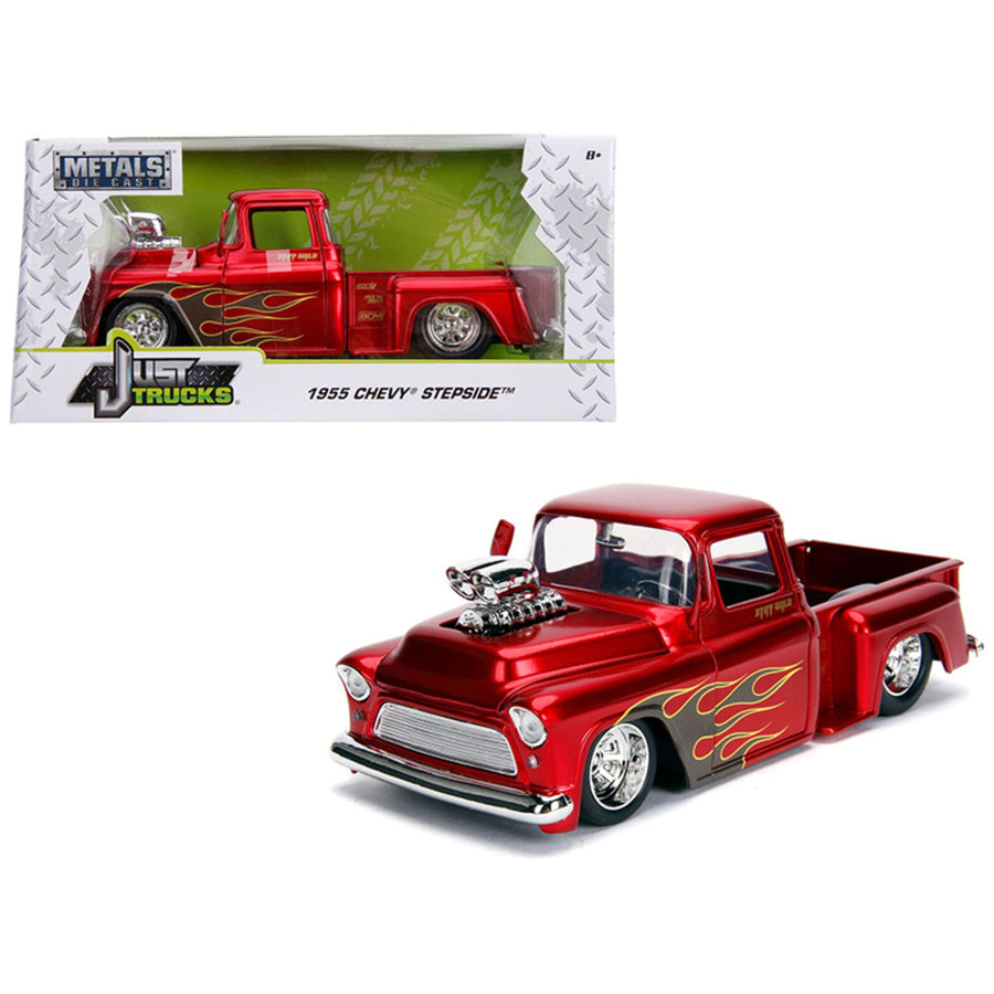 1955 Chevrolet Stepside Pickup Truck With Blower Candy Red With Flames Just Trucks Series 1/24 Diecast Model Car By Jada 30713