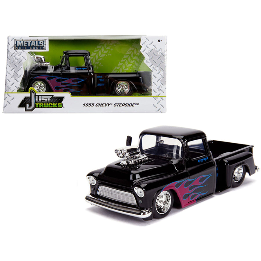 1955 Chevrolet Stepside Pickup Truck With Blower Glossy Black With Flames Just Trucks Series 1/24 Diecast Model Car By Jada 30714