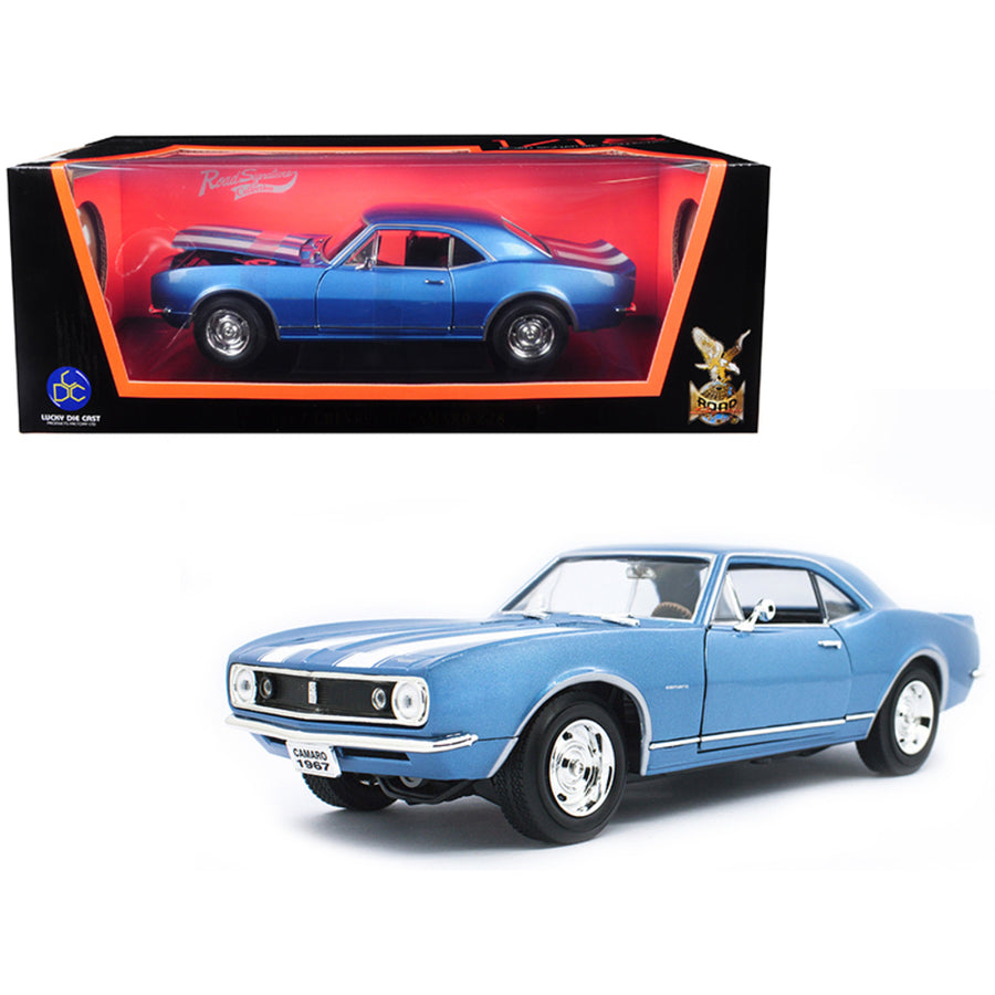 1967 Chevrolet Camaro Z/28 Metallic Blue With White Stripes 1/18 Diecast Model Car By Road Signature 92188bl