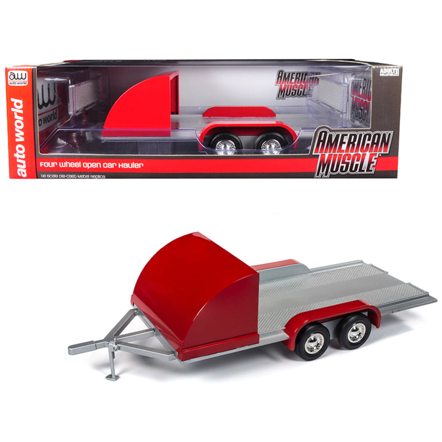 Four Wheel Open Car Hauler Trailer Red For 1/18 Scale Models By Autoworld Amm1167