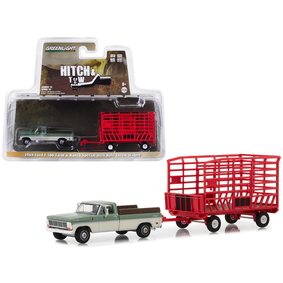 1969 Ford F-100 Pickup Truck Farm & Ranch Special (long Bed) Green And Cream With Red Bale Throw Wagon Hitch & Tow Series 15 1/64 Diecast Models By Greenlight 32150a