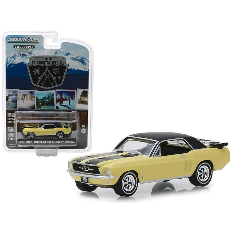 1967 Ford Mustang Coupe Yellow With Black Stripes And A Pair Of Skis Ski Country Special Hobby Exclusive 1/64 Diecast Model Car By Greenlight 30007