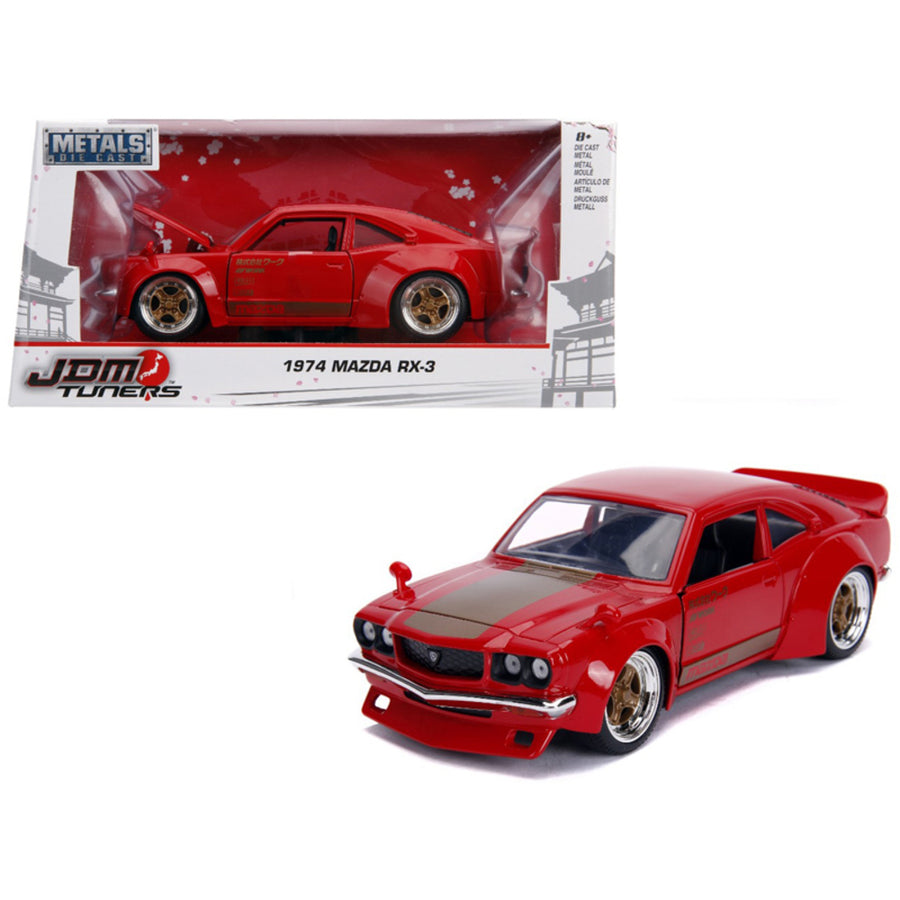 1974 Mazda Rx-3 Red With Gold Stripe Jdm Tuners 1/24 Diecast Model Car By Jada 30718
