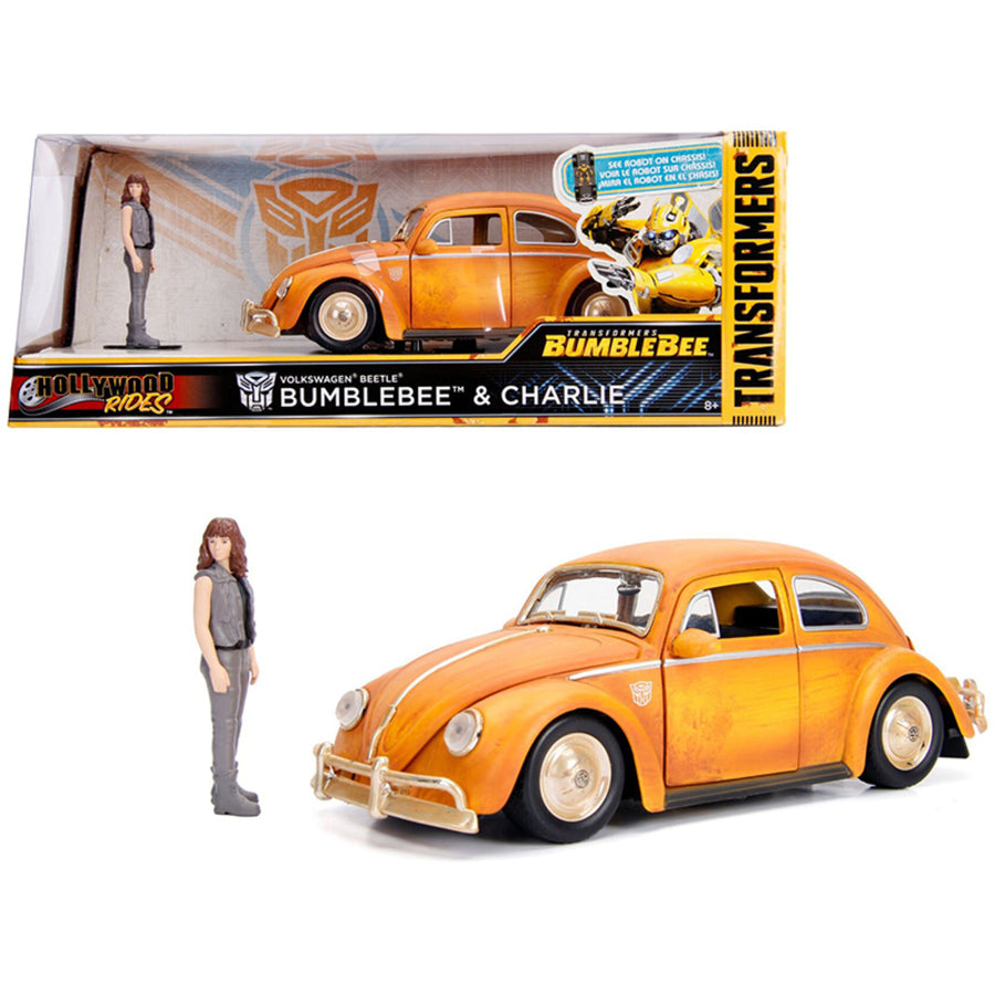 Volkswagen Beetle Weathered Yellow With Robot On Chassis And Charlie Diecast Figurine Bumblebee (2018) Movie (transformers Series) Hollywood Rides Series 1/24 Diecast Model Car By 30114