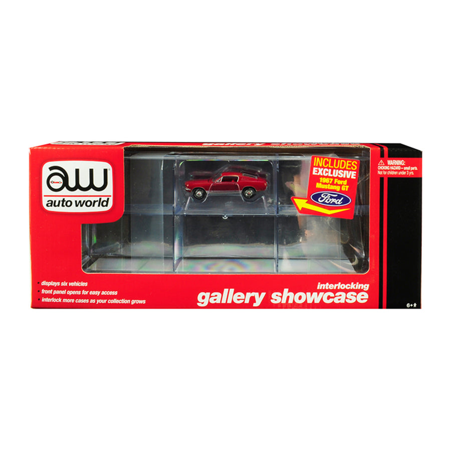 6 Car Interlocking Acrylic Display Show Case With 1967 Ford Mustang Gt Red For 1/64 Scale Model Cars By Autoworld Awdc018
