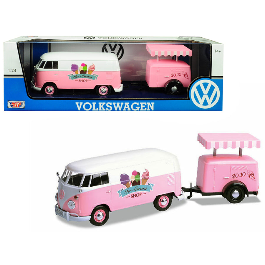 Volkswagen T1 Delivery Van With Ice-cream Trailer Pink And White Ice-cream Shop 1/24 Diecast Model Car By Motormax 79672