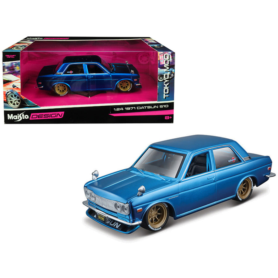 1971 Datsun 510 Matt Candy Blue With Gold Wheels Tokyo Mod Maisto Design 1/24 Diecast Model Car By Maisto 32527bl