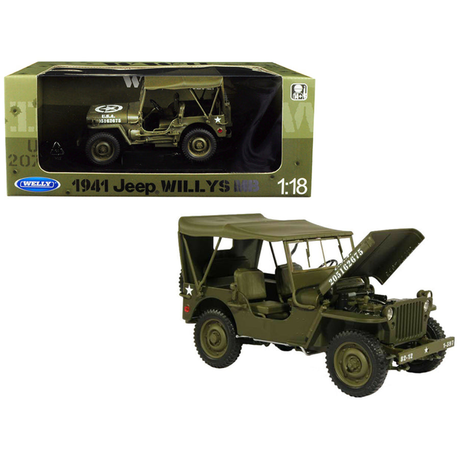 1941 Jeep Willys Mb With Soft Top Green Wwii U.s. Army 1/18 Diecast Model Car By Welly 18055gr