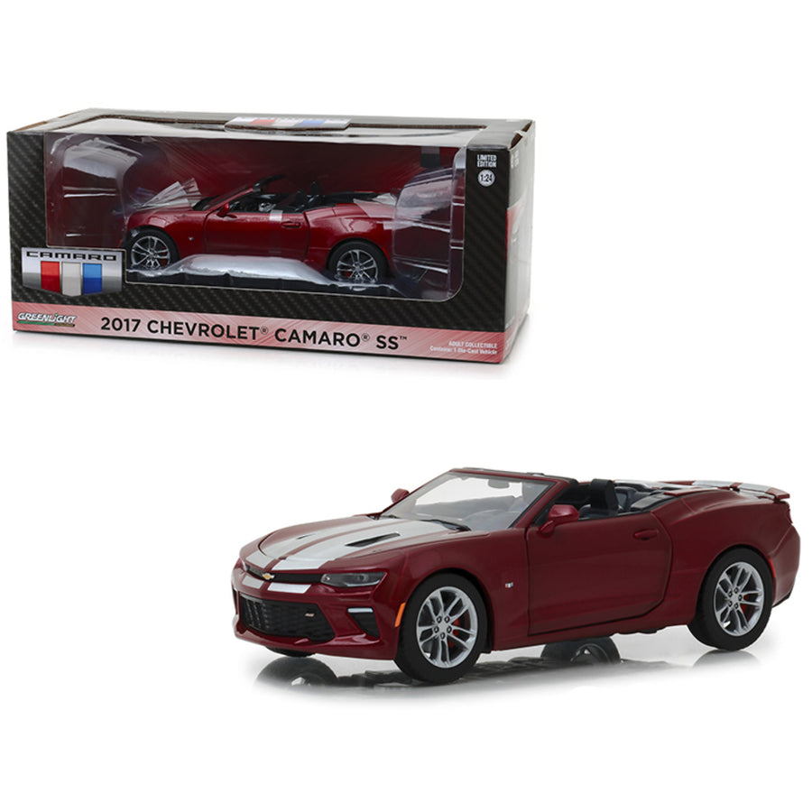 2017 Chevrolet Camaro Ss Convertible Garnet Red Tintcoat With Silver Stripes  1/24 Diecast Model Car By Greenlight 18245