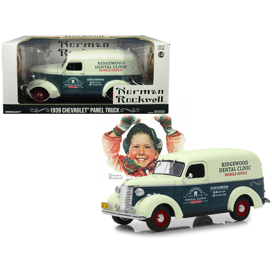 1939 Chevrolet Panel Truck Ridgewood Dental Clinic Norman Rockwell Delivery Vehicles Series Dark Gray And White 1/24 Diecast Model Car By Greenlight 18249