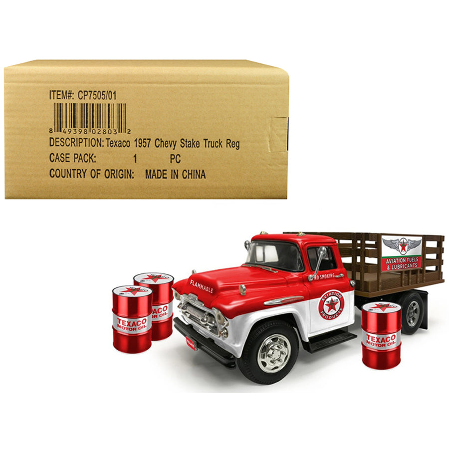 1957 Chevrolet Stake Bed Truck White/red With 3 Oil Drums Texaco Aviation Fuels & Lubricants Regular Edition 1/25 Diecast Model By Autoworld Cp7505