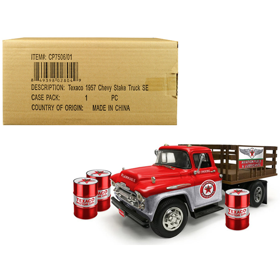1957 Chevrolet Stake Bed Truck Red/metal With 3 Oil Drums Texaco Aviation Fuels & Lubricants Brushed Metal Edition 1/25 Diecast Model By Autoworld Cp7506
