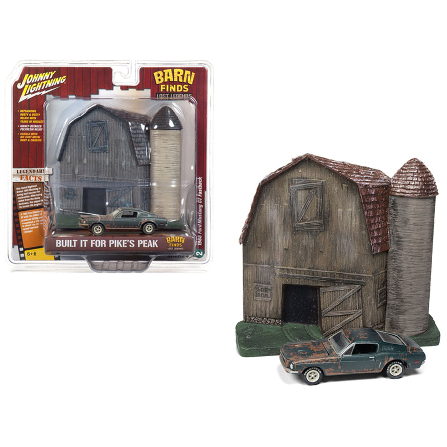 1968 Ford Mustang Gt Fastback Green (unrestored) With Barn Finds Resin Facade Diorama Lost Legend Series 1/64 Diecast Model By Johnny Lightning Jldr006-ford