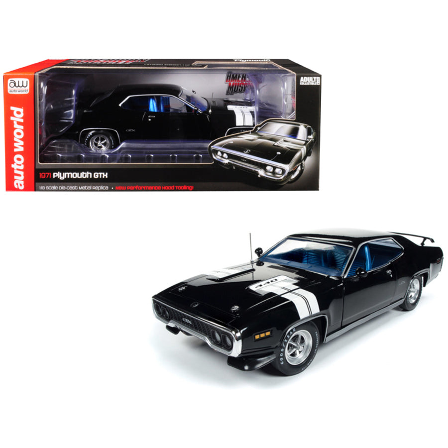 1971 Plymouth Gtx Hardtop Black Velvet With White Stripes Limited Edition To 1,002 Pieces Worldwide 1/18 Diecast Model Car By Autoworld Amm1133