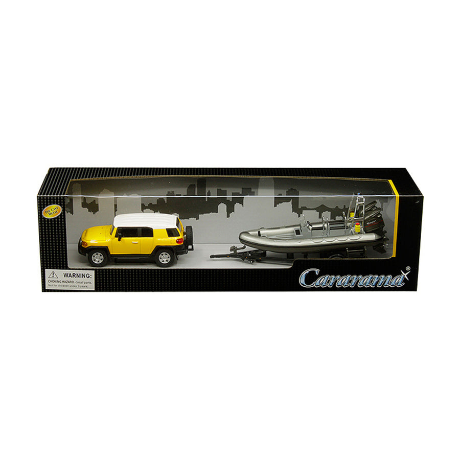 Toyota Fj Cruiser Yellow With White Top And Gray Speed Boat With Trailer 1/43 Diecast Model Car By Cararama 48115