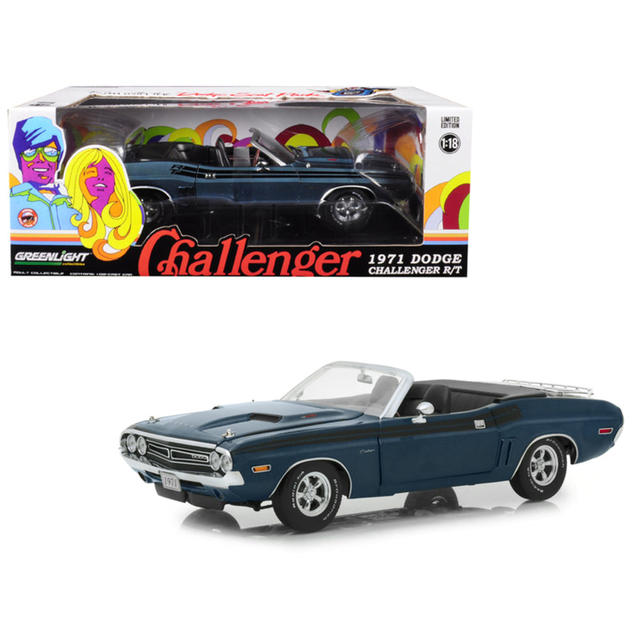1971 Dodge Challenger R/t Convertible With Luggage Rack Gunmetal Gray Metallic With Black Stripes 1/18 Diecast Model Car By Greenlight 13528